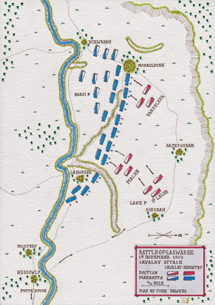 Map of Lake's cavalry attack at the Battle of Laswaree on 1st November 1803 in the Second Mahratta War: map by John Fawkes