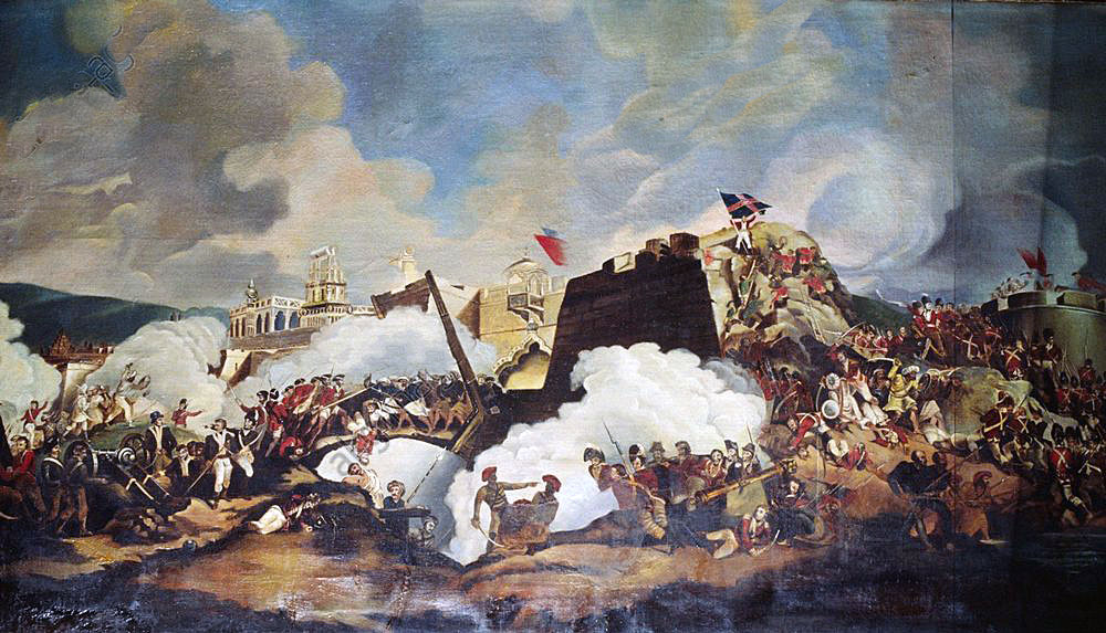 Storming of Seringapatam on 4th May 1799 in the Fourth Mysore War: left side of   picture by Robert Kerr Porter