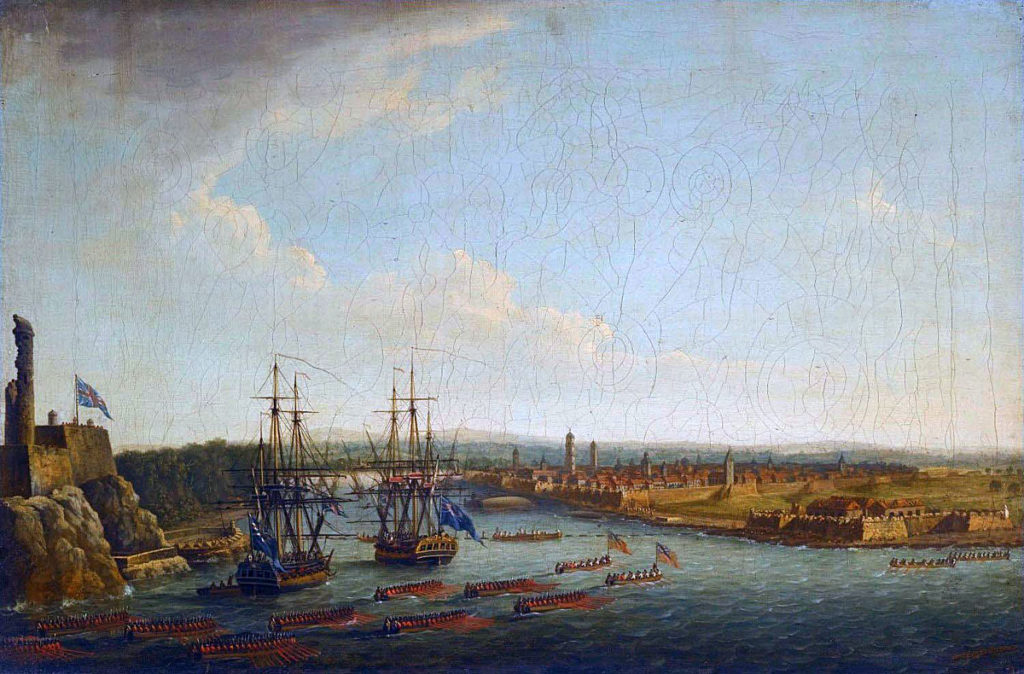 British crossing the harbour entrance to occupy the city of Havana after its capture in August 1762 during the Seven Years War: picture by Dominic Serres: El Morro Castle on the left flies the British flag following its capture on 30th July 1762, entrance to harbour with boom and sunken warships centre/left, City of Havana centre/right and La Puntal Fort on right.