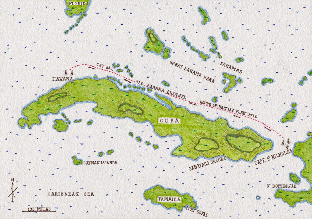 Map of Cuba showing the approach route of the British Fleet to Havana from Cape St Nicholas: Capture of Havana in August 1762 during the Seven Years War: map by John Fawkes
