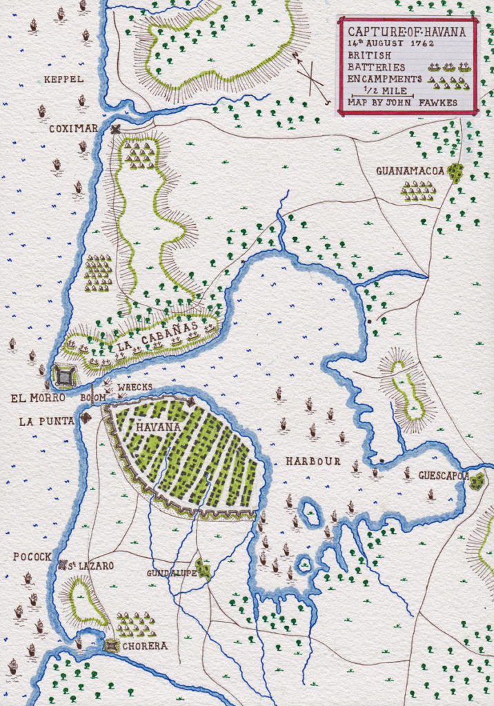 Map of the Capture of Havana in August 1762 during the Seven Years War: map by John  Fawkes