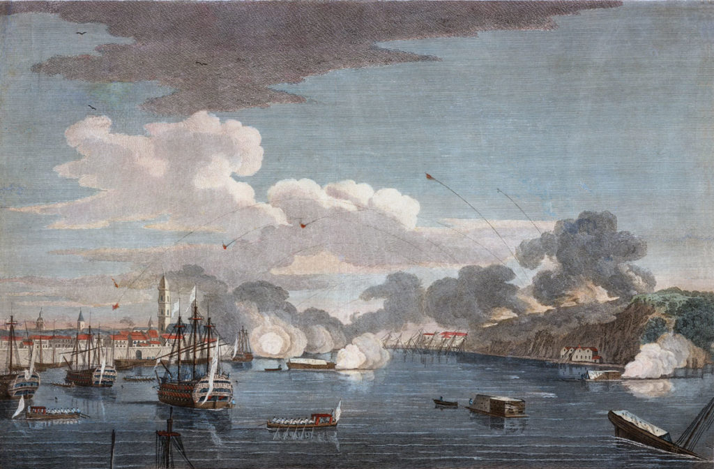 British bombardment of Havana seen from the harbour: Capture of Havana in August 1762 during the Seven Years War