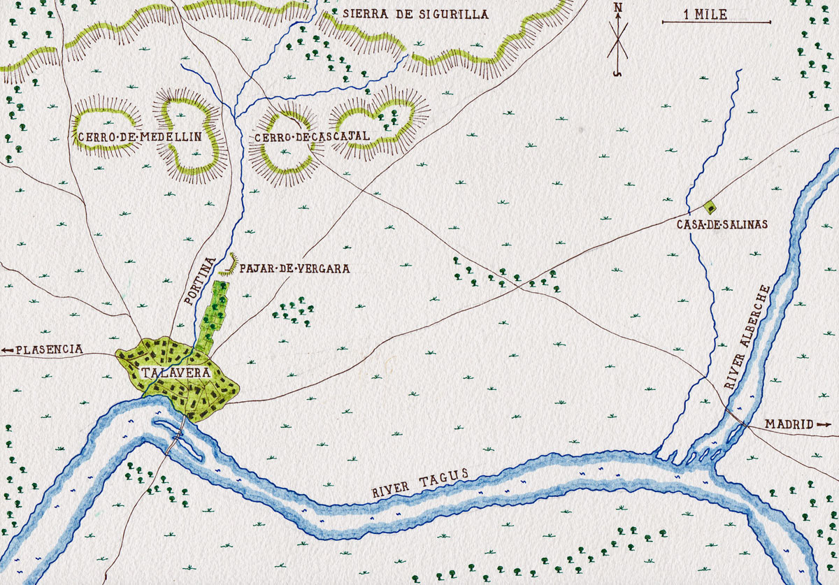 Map of the Talavera battlefield: Battle of Talavera on 27th/28th July 1809: map by John Fawkes