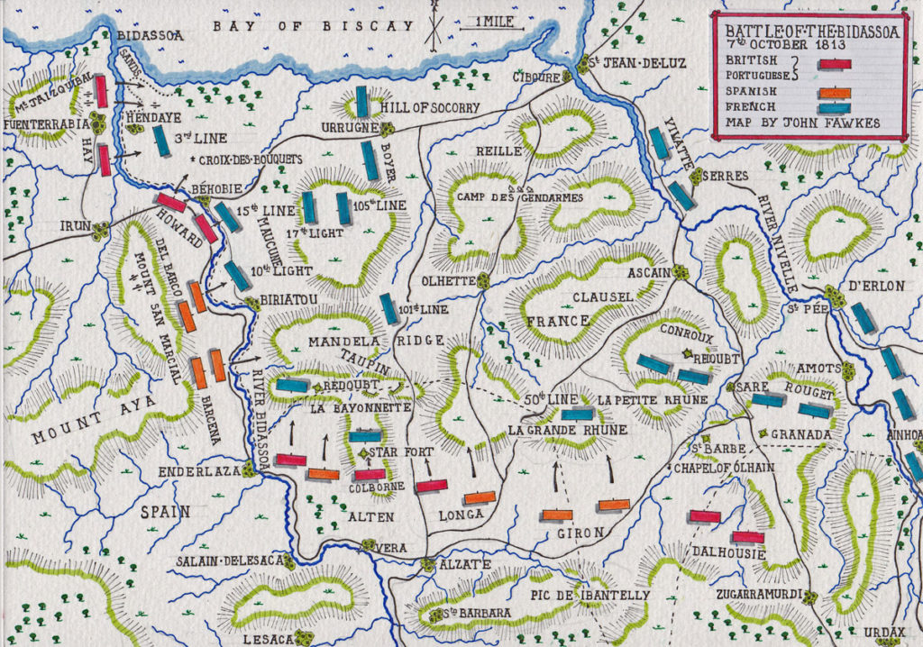 Map of the Battle of the Bidassoa on 7th October 1813 during the Peninsular War: Map by John Fawkes