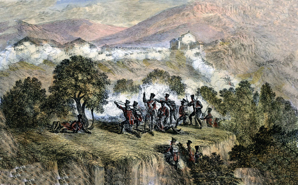 Spanish troops crossing the Bidassoa River and attacking the French in Biriatou at the Battle of the Bidassoa on 7th October 1813 during the Peninsular War: picture by Robert Batty