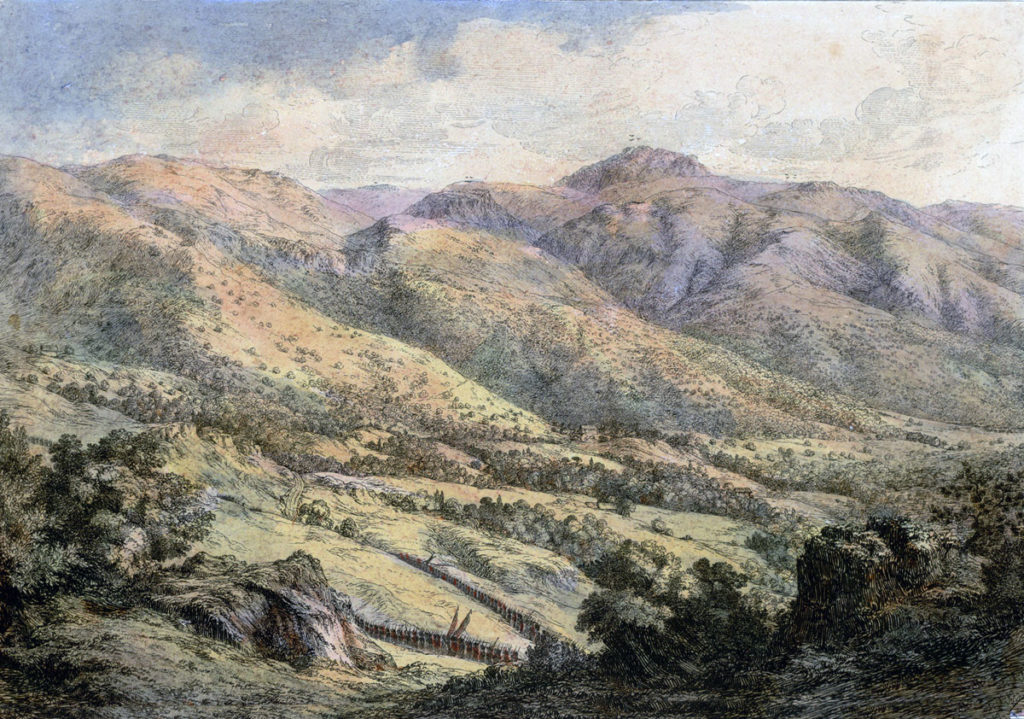 Mount Aca seen from Mount San Marcial with troops in the valley: Battle of the Bidassoa on 7th October 1813 during the Peninsular War: picture by Robert Batty