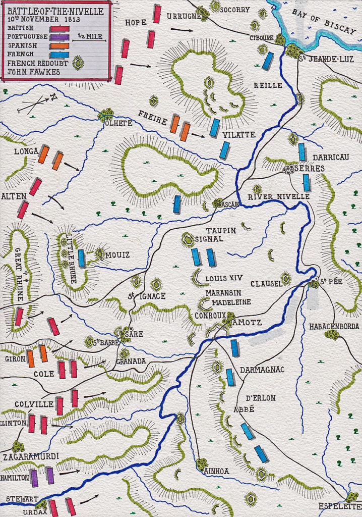 Map of the Battle of the Nivelle on 10th November 1813 during the Peninsular War: Map by John Fawkes