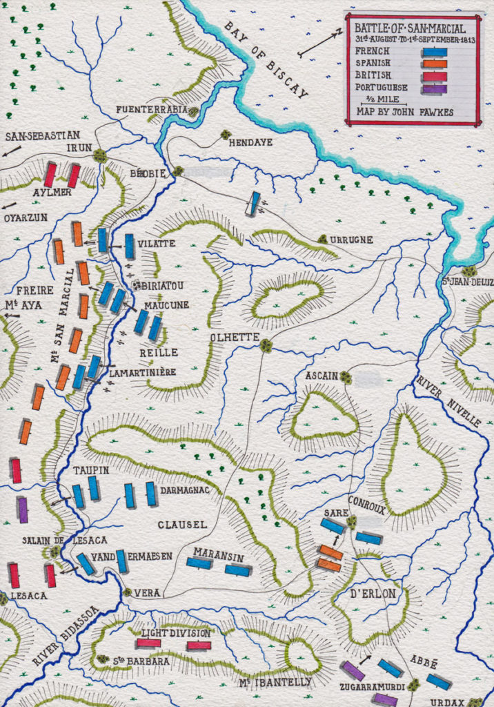 Map of Battle of San Marcial 31st August-1st September 1813 in the Peninsular War: map by John Fawkes