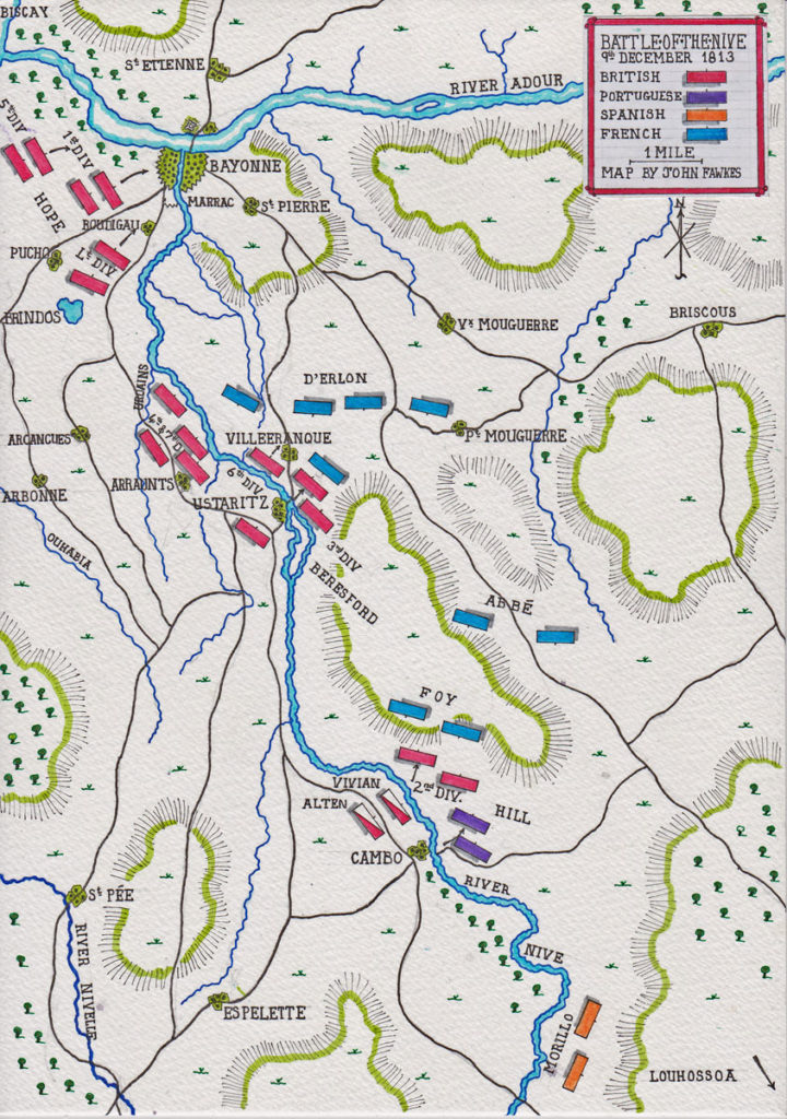 First Day of the Battle of the Nive fought between 9th and 13th December 1813 in the Peninsular War: map by John Fawkes