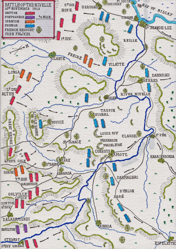 Map of the Battle of the Nivelle on 10th November 1813 during the Peninsular War: Map by John Fawkes