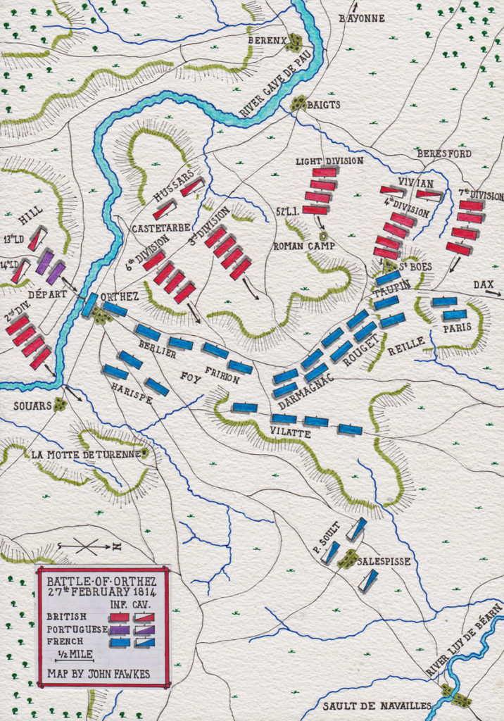 Map of the Battle of Orthez on 27th February 1814 in the Peninsular War: map by John Fawkes