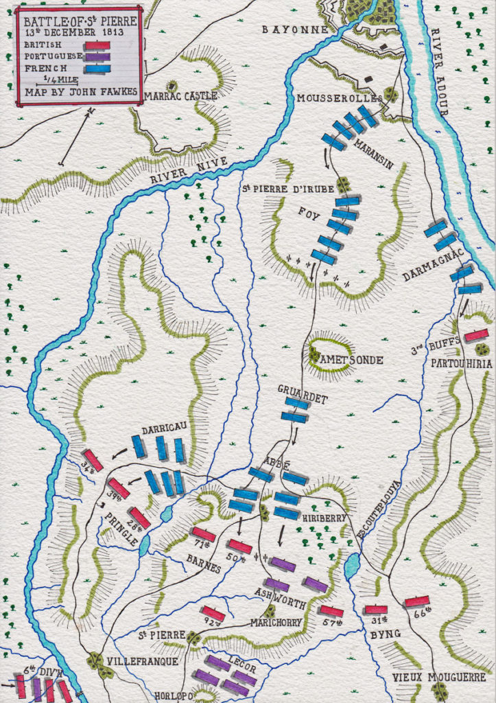 Map of the Battle of St Pierre on 13th December 1813 during  the Battle of the Nive, fought from 9th to 13th December 1813 in the Peninsular War: map by John Fawkes