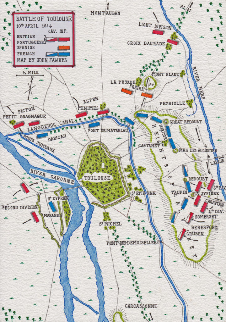 Map of the  Battle of Toulouse on 10th April 1814 in the Peninsular War: map by John Fawkes
