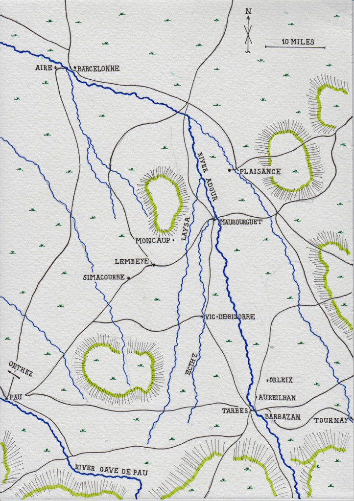 Map of the area of Aire-Tarbes-Pau: Battle of Tarbes on 20th March 1814 in the Peninsular War: map by John Fawkes