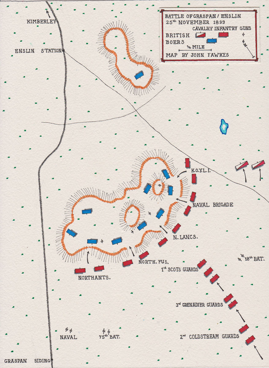 Map of the Battle of Graspan (also known as Enslin), fought on 25th November 1899 in the Great Boer War: map by John Fawkes