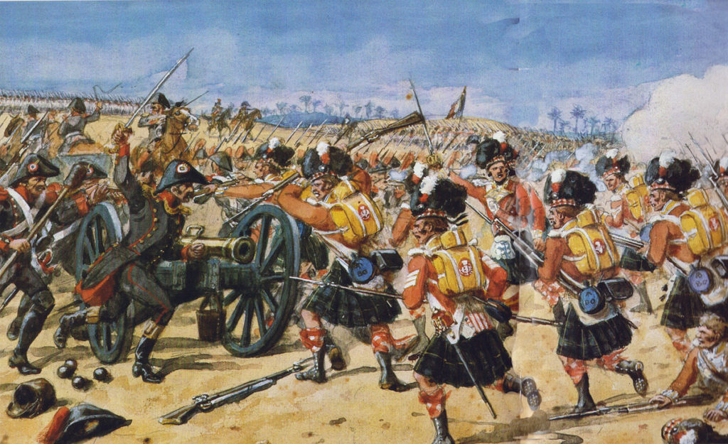 92nd Highlanders at Mandora in the Battle-of Alexandria on 21st March 1801 in the French Revolutionary War: picture by Richard Simkin