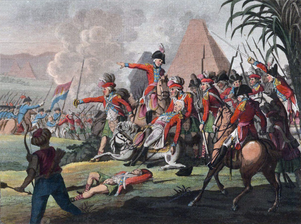 Fatal wounding of General Abercromby at the Great Redoubt in the Battle of Alexandria on 21st March 1801: there were no pyramids on the battlefield