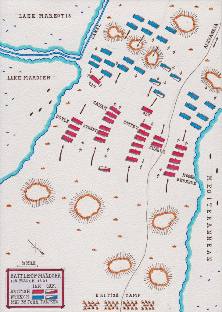 Map of the Battle at Mandora on 13th March 1801: Battle of Alexandria 8th to 21st March 1801 in the French Revolutionary War: map by John Fawkes