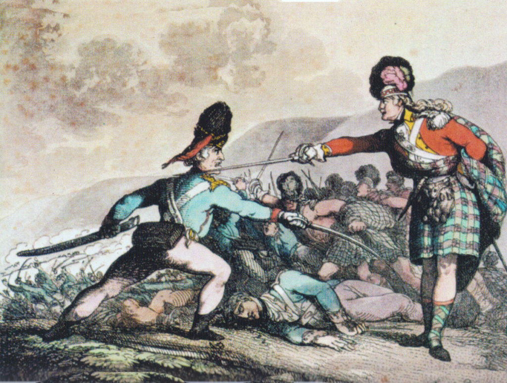 Highland Officer striking down a French Officer at the Battle of Maida or Santa Euphemie on 4th July 1806 in the Napoleonic Wars: contemporary cartoon