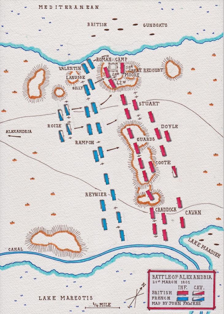 BriBattle of Alexandria  21st March 1801 in the French Revolutionary War: map by John Fawkestish landing in Aboukir Bay on 8th March 1801: Battle of Alexandria 8th to 21st March 1801: map by John Fawkes