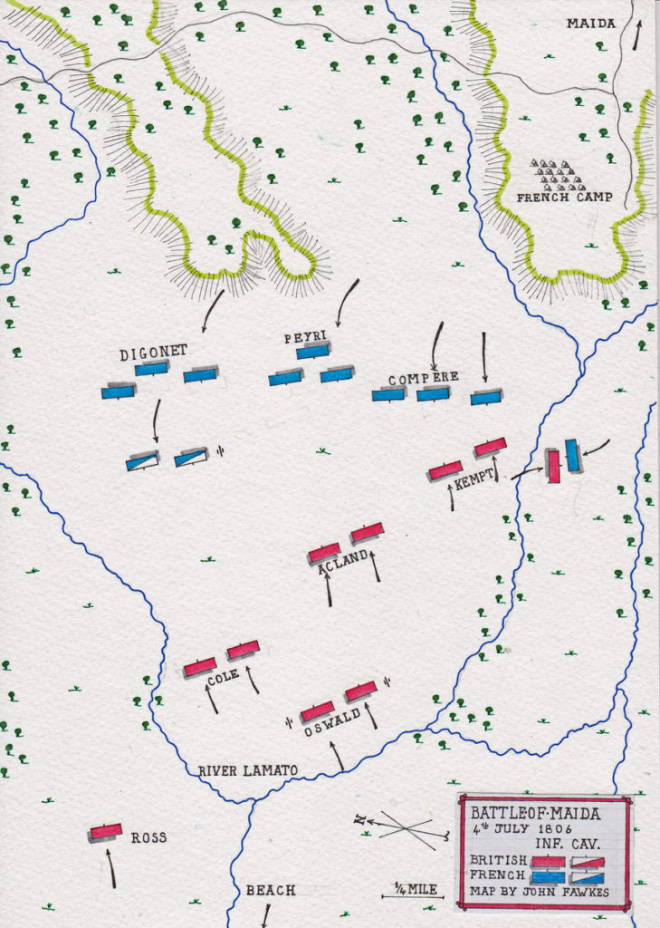 Map of the Battle of Maida or Santa Euphemia on 4th July 1806 in the Napoleonic Wars: map by John Fawkes