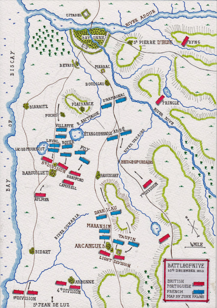 Map of the fighting on 10th December 1813 during the Battle of the Nive, fought from 9th to 13th December 1813 in the Peninsular War: map by John Fawkes