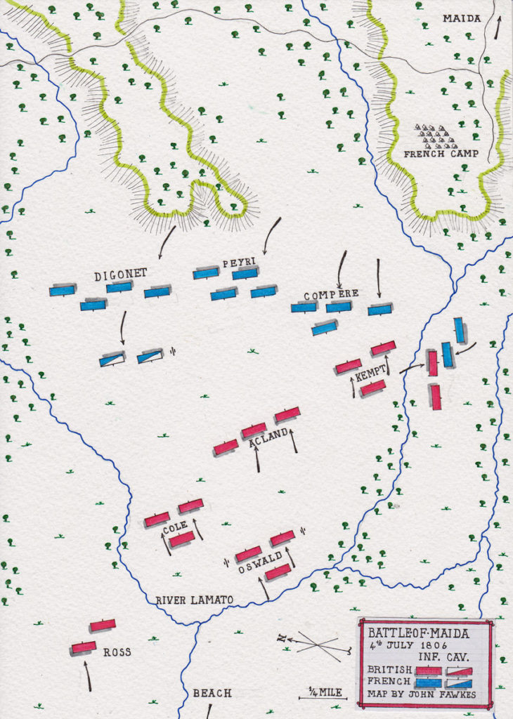 Map of the Battle of Maida or Santa Euphemia on 4th July 1806 in the Napoleonic Wars: map by John Fawkes