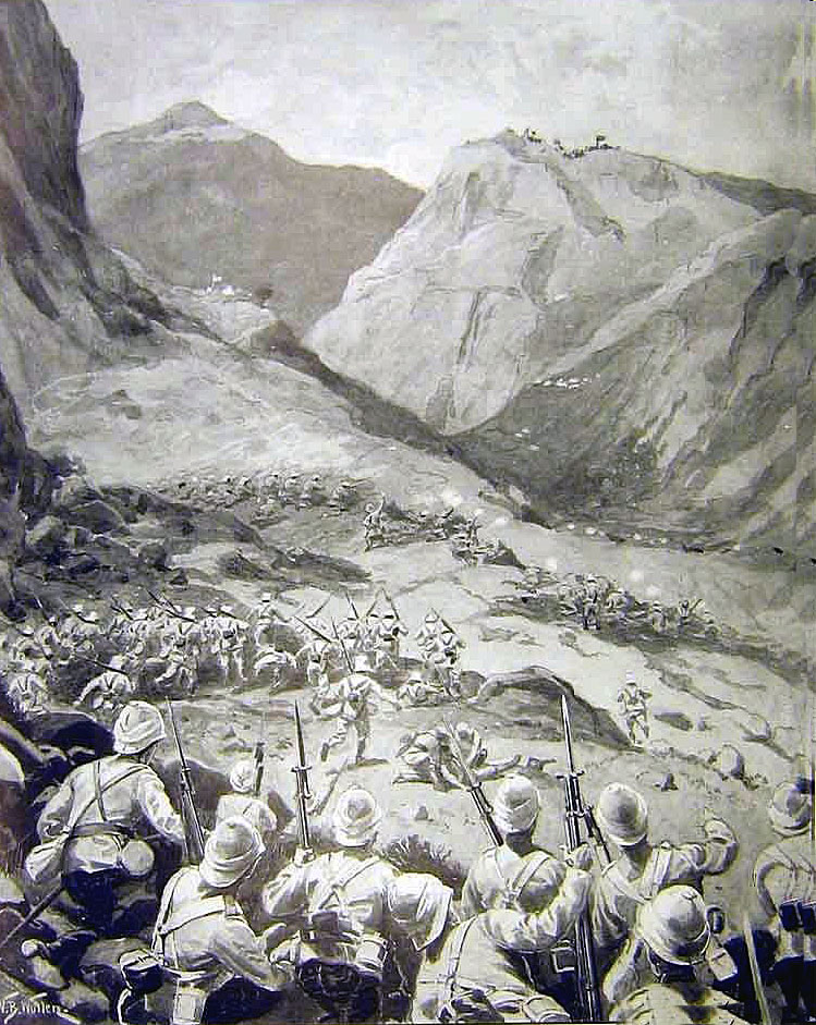 1st/3rd Gurkhas storming Chagru Kotal with Northamptons in support on 18th October 1897: Tirah North-West Frontier of India 1897: print by W.B. Wollen