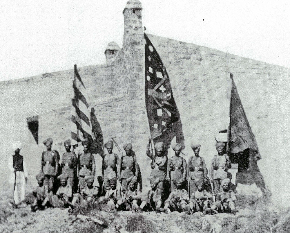 36th Sikhs party with 3 Mamuzai standards captured on 13th September 1897: Fort Gullistan, Tirah, North-West Frontier of India