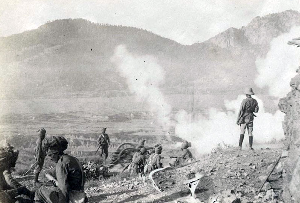 Indian Army Mountain Battery in action: Tirah on North-West Frontier of India 1897/8