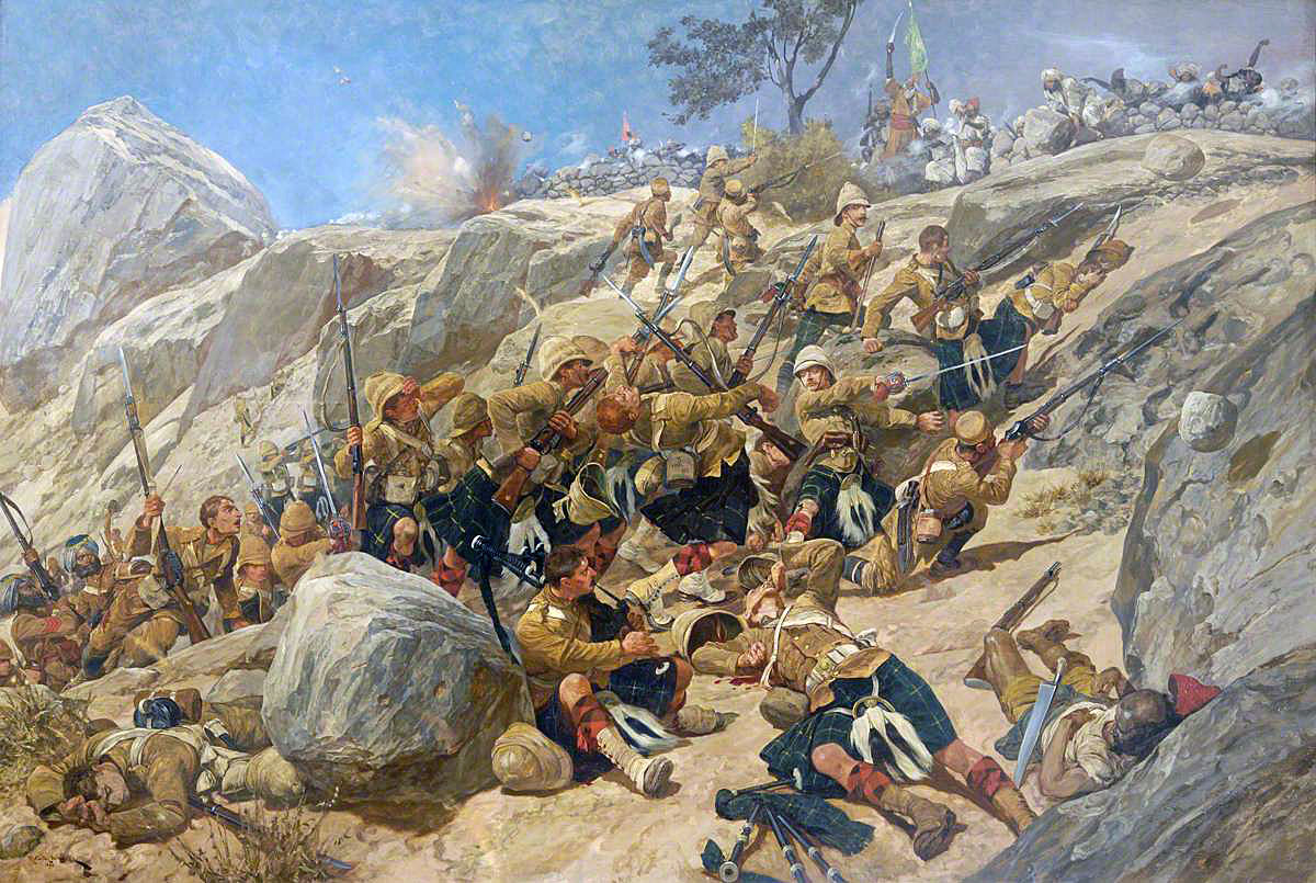 Piper Findlater and Gordon Highlanders storming the heights at Dargai: Tirah 1897 North-West Frontier of India: picture by Richard Caton-Woodville
