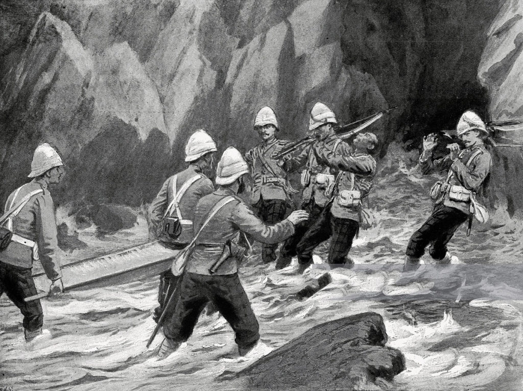 King's Own Scottish Borderers under fire in the Bara River: December 1897 Tirah North-West Frontier of India 1897-8: print by J. Nash RI