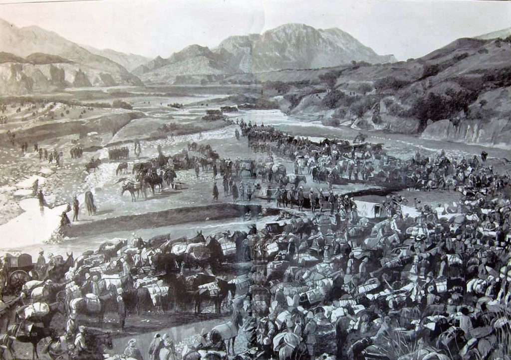 The baggage train arrives at Barkai: Tirah, North-West Frontier of India 1897/8