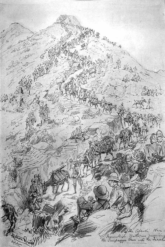Mountain Batteries descending from the Sampagha Pass: Tirah North-West Front India 1897: drawing by Melton Pryor