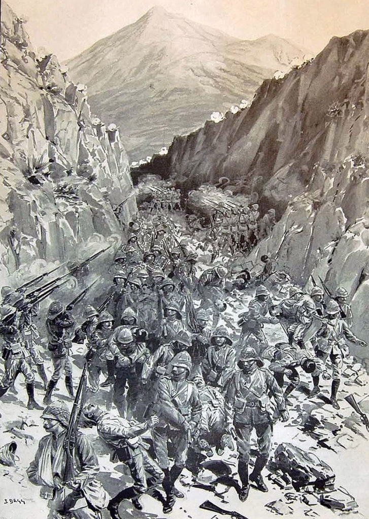 Northamptons withdraw from Saran Sar along the nullah on 9th November 1897: Tirah North-West Frontier India