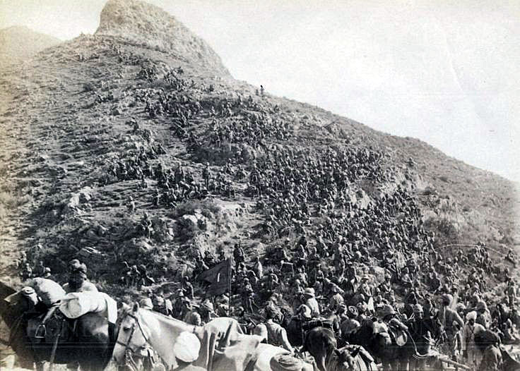 British and Indian troops storming Arhanga Pass on 31st October 1897: Tirah, North-West Frontier of India