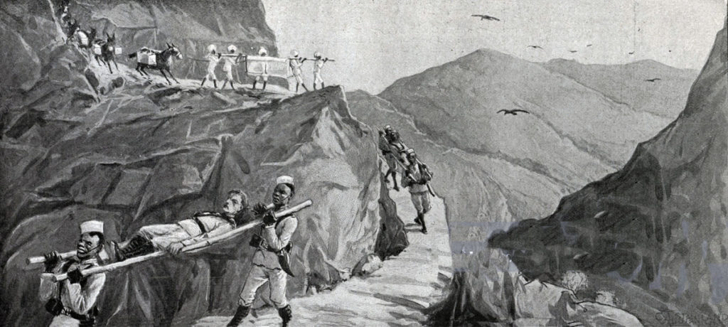 Carrying wounded: Tirah on the North-West Frontier of Indian 1897: sketch by Surgeon Captain C.R. Stevens