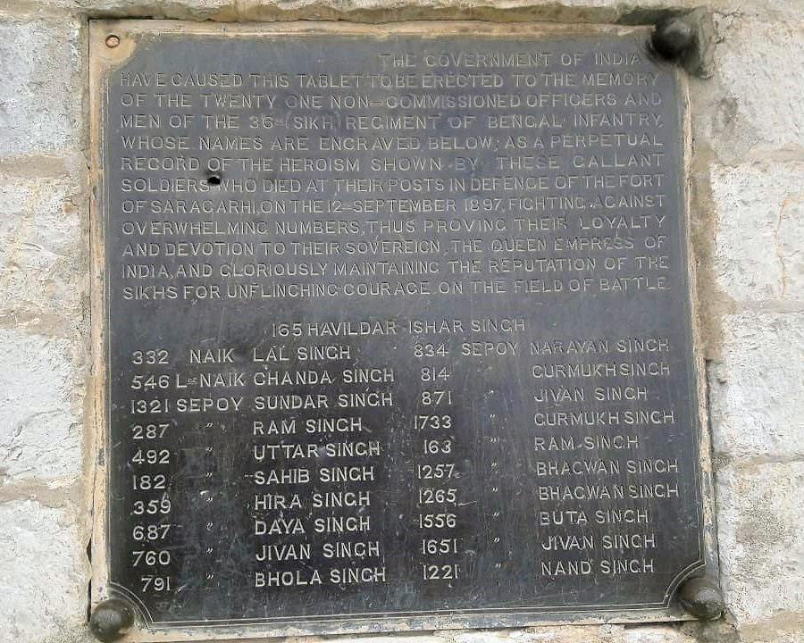 Memorial to the soldiers of the 36th Sikhs killed in the attack on Saragarhi Post overrun by tribesmen on 12th September 1897 in the Tirah, North-West Frontier of India
