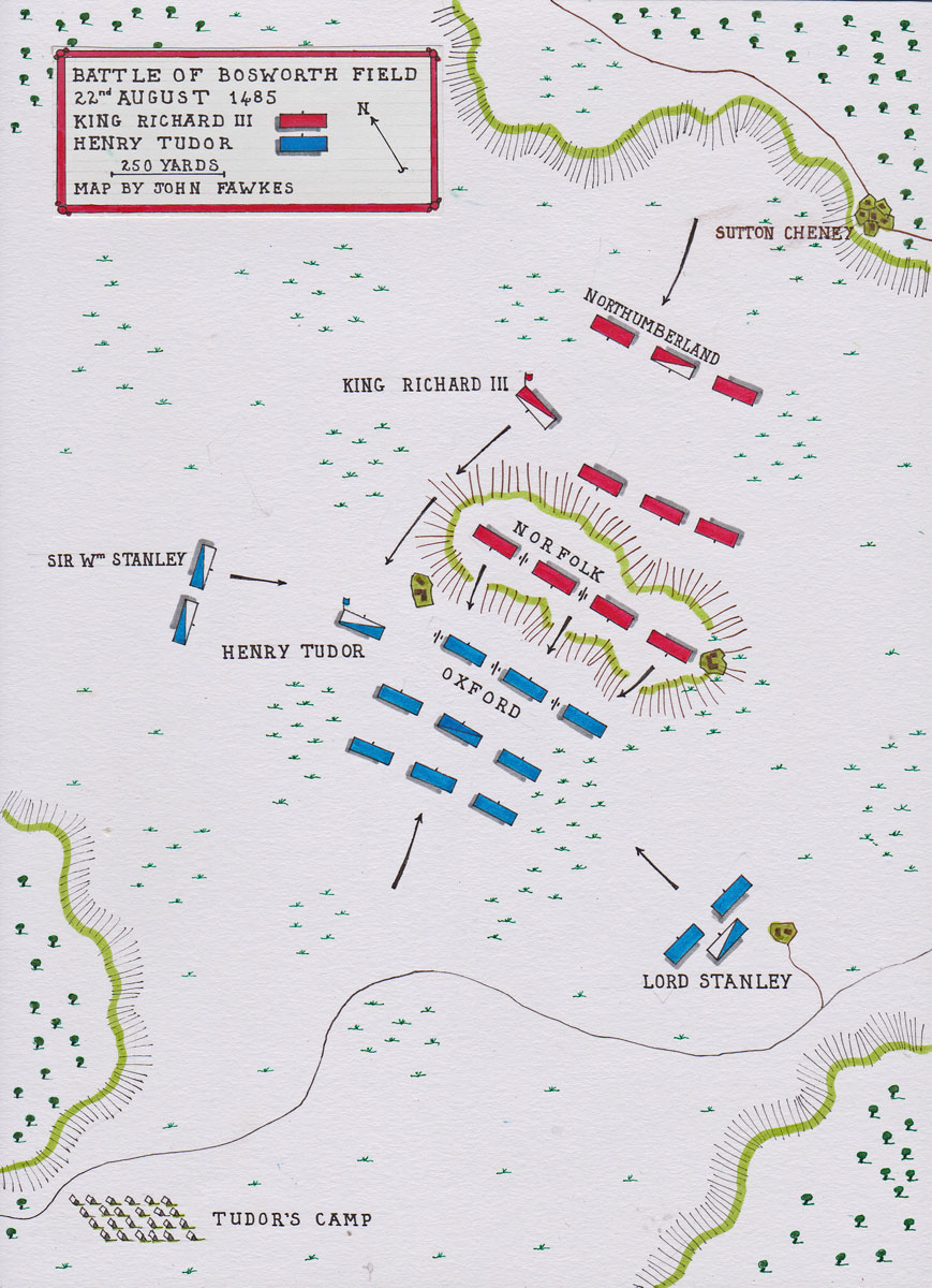 Map of the Battle of Bosworth Field on 22nd August 1485 in the Wars of the Roses: map by John Fawkes