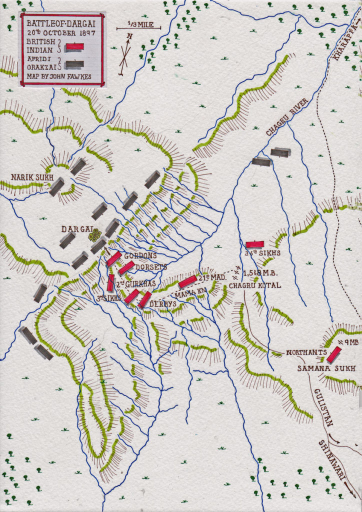 Map of the Battle of Dargai on 20th October 1897: Tirah on the North-West Frontier of India: map by John Fawkes