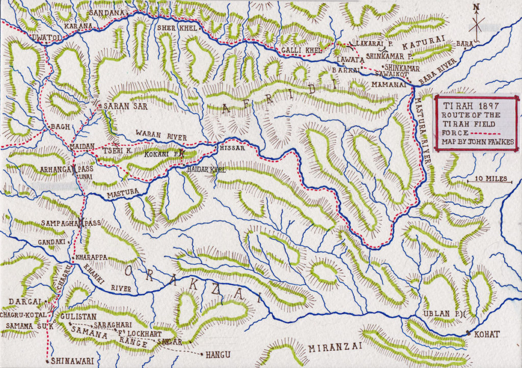 Map of the operations of the Tirah Field Force 1897/8: Tirah on the North-West Frontier of India: map by John Fawkes