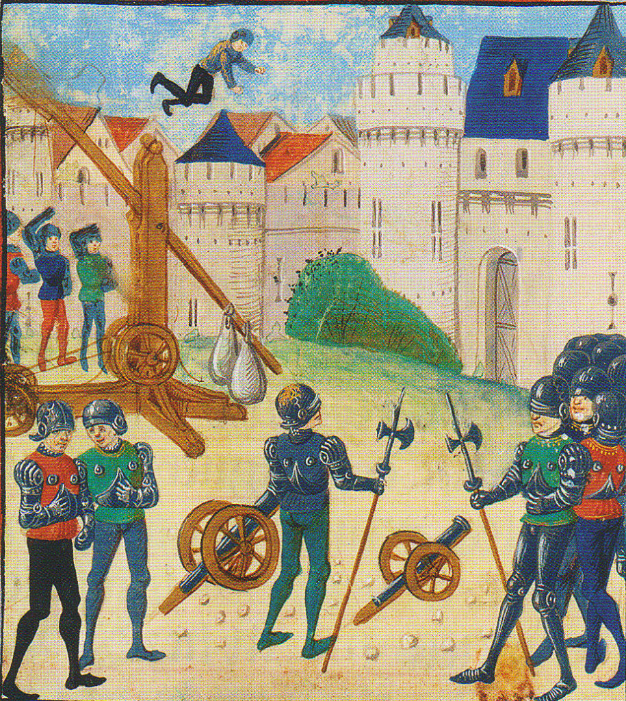 Siege of Auberoche: Battle of Auberoche 21st October 1345 in the Hundred Years War: the messenger is catapulted back into the castle