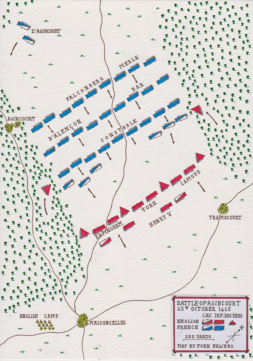 Battle of Agincourt on 25th October 1415 in the Hundred Years War: map by John Fawkes