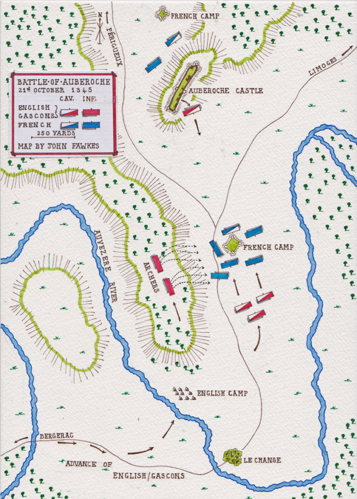 Map of the Battle of Auberoche 21st October 1345 in the Hundred Years War: map by John Fawkes