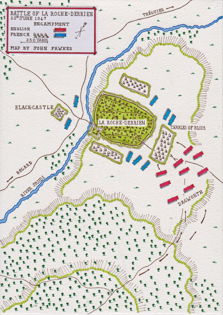 Map of the Battle of La Roche-Derrien on 20th June 1347 in the Hundred Years War: map by John Fawkes