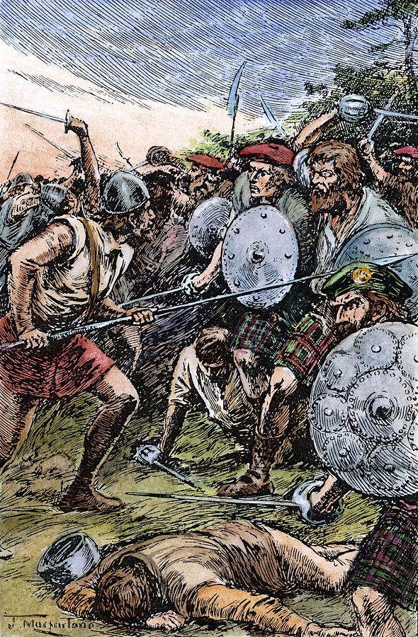 Battle of Otterburn in August 1388: picture by Malcolm Granger (the use of tartan and the basket hilted sword came some centuries after Otterburn)