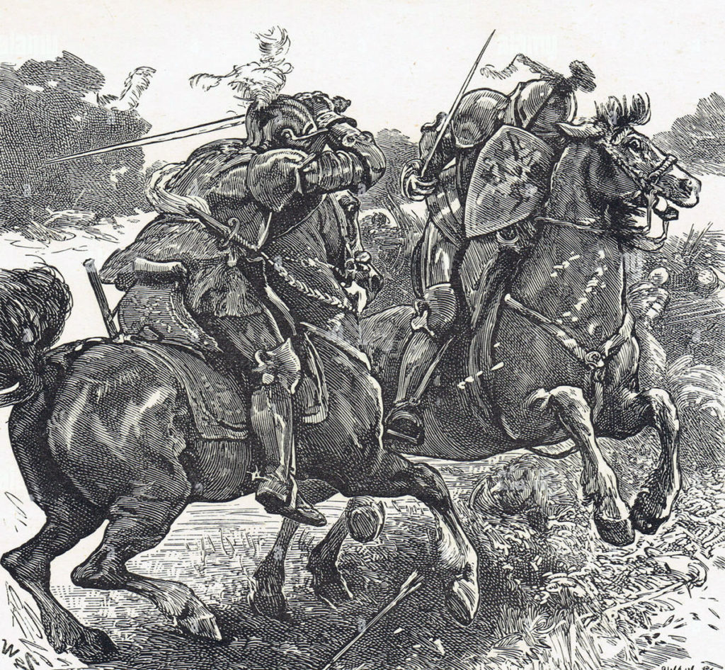 Douglas and Hotspur meet in single combat before the Battle of Otterburn in August 1388