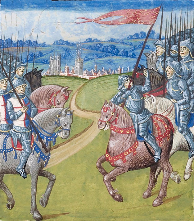 Douglas and Hotspur meet in single combat before the Battle of Otterburn in August 1388: from Froissart's Chronicles