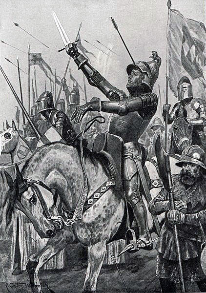 Harry 'Hotspur' at the Battle of Shrewsbury on 21st July 1403: print by Stanley L. Wood
