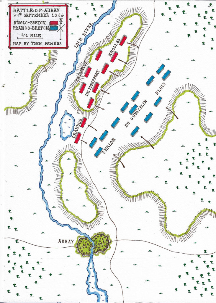 Map  of the Battle of Auray on 29th September 1364 in the Hundred Years War: map by John Fawkes